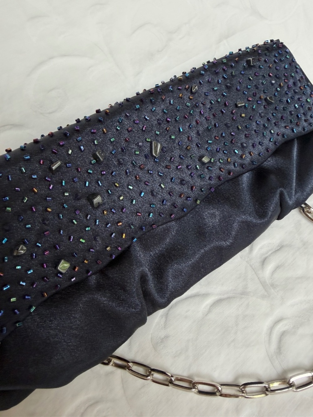 Drap Barcelona Satin & Beaded Convertible Evening Clutch Blue